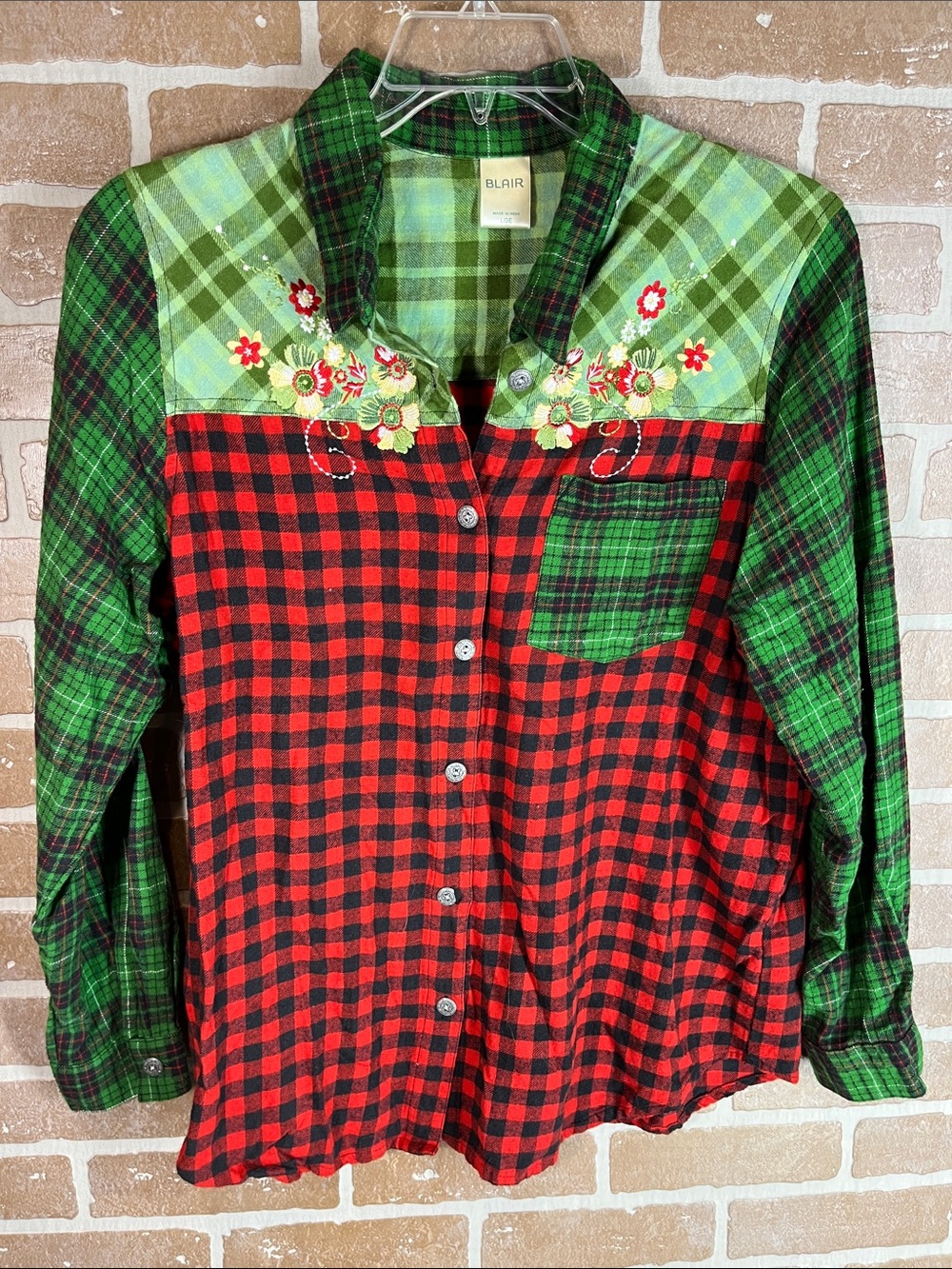 Blair Womens Mixed Plaid Patchwork Flannel Shirt Floral Embroidered Cotton Large